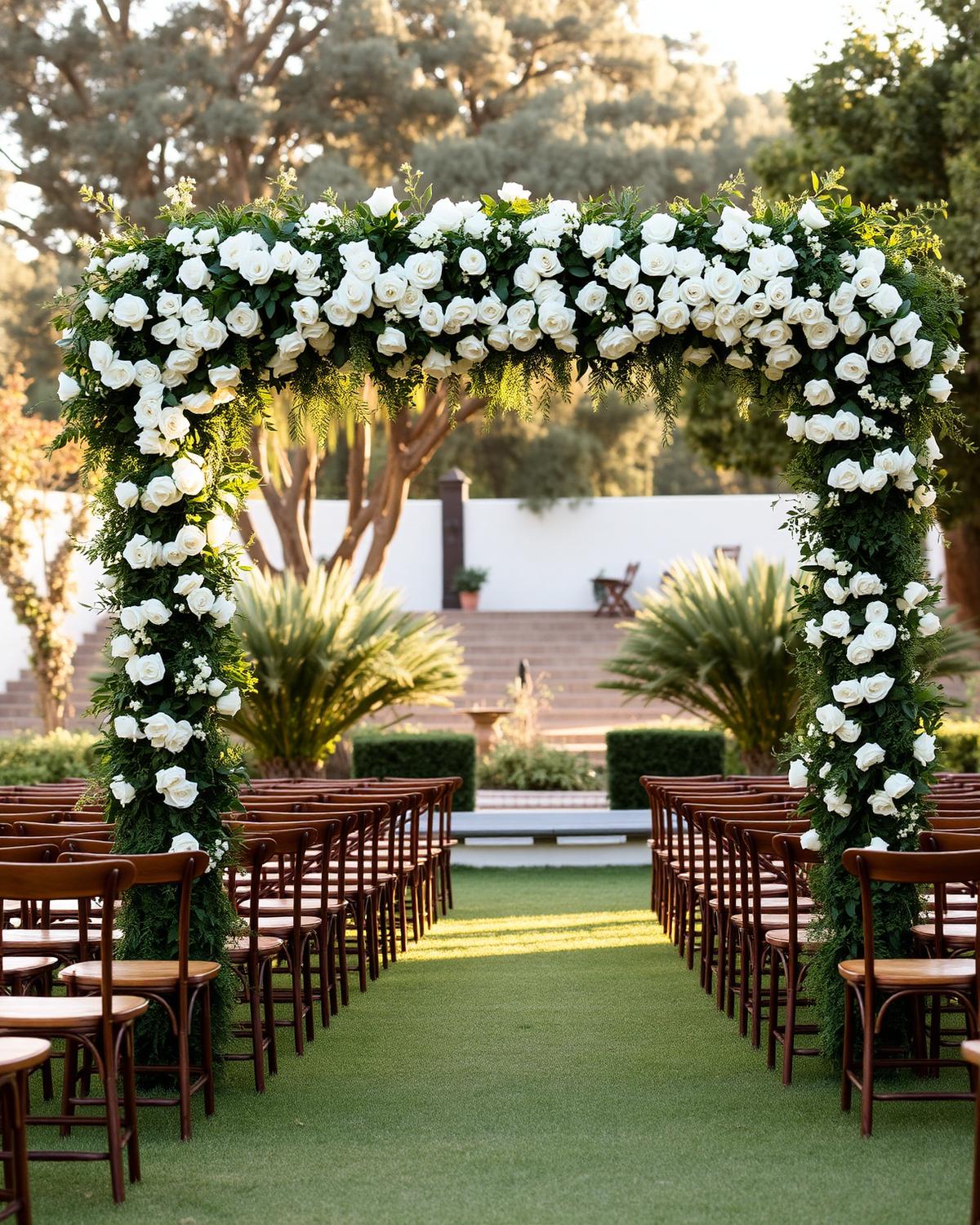 Altar de rosas blancas en hacienda