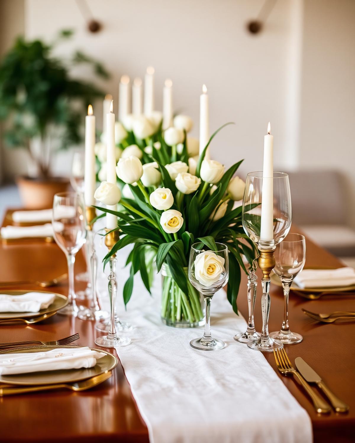 Mesa larga con velas y tulipanes